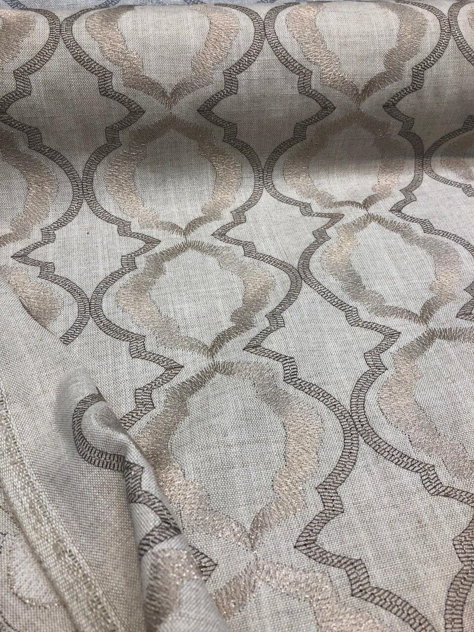 1 Yard Barriester Natural Embroidered Drapery Fabric with Lurex Yarn 56 Inches Wide
